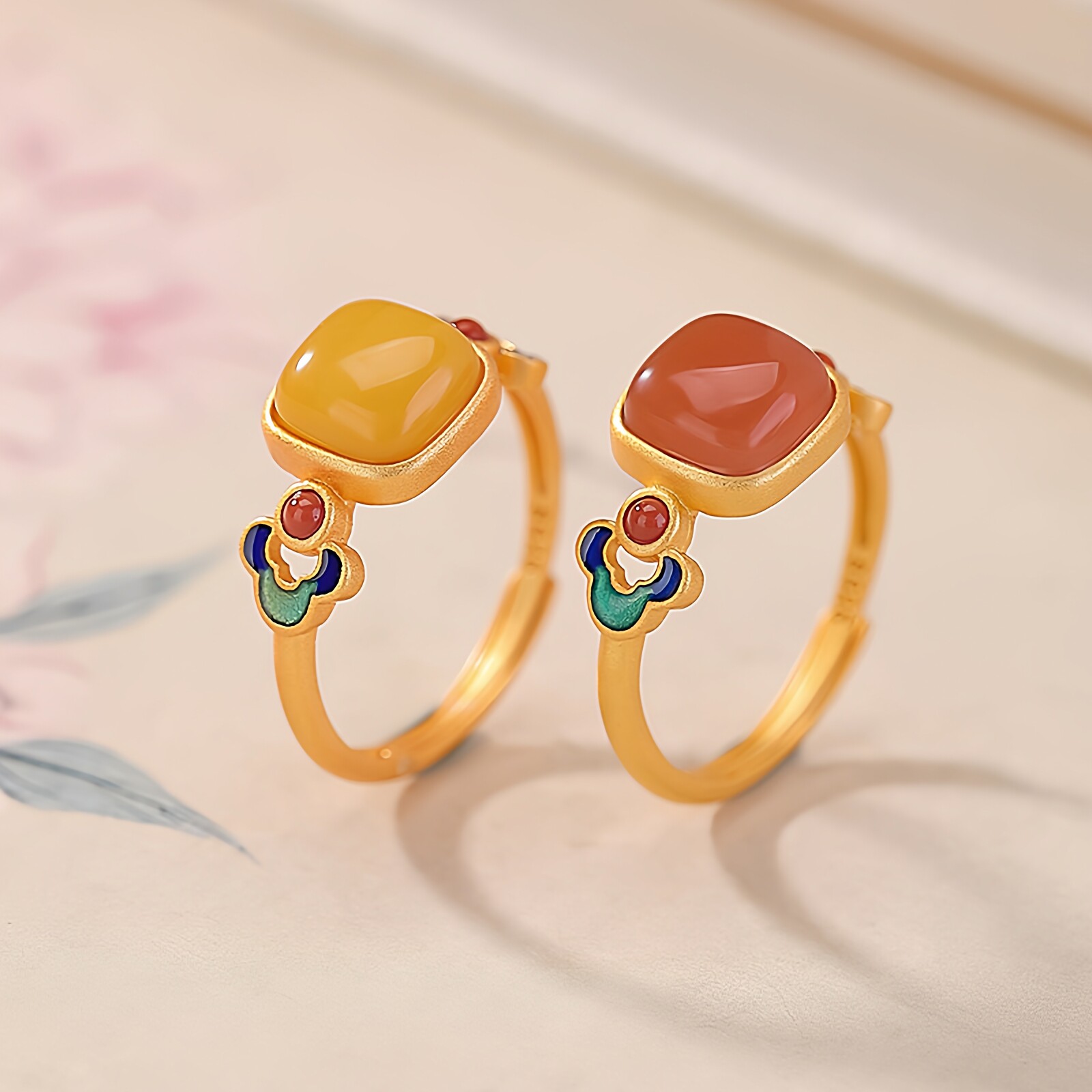 S925纯银镀金天然水红玛瑙蜜蜡国潮景泰蓝如意简约方形戒指女指环