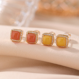 轻奢高级感南红水红S925纯银镀金蜜蜡方形镶嵌简约几何银耳钉爆款