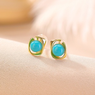 高端S925纯银镀金绿松石不规则个性简约时尚百搭几何银耳钉耳饰女