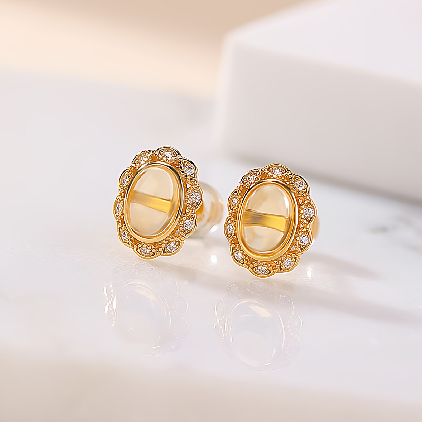 轻奢高端s925纯镀金黄水晶耳钉几何椭圆蛋面新中式气质百搭耳饰女