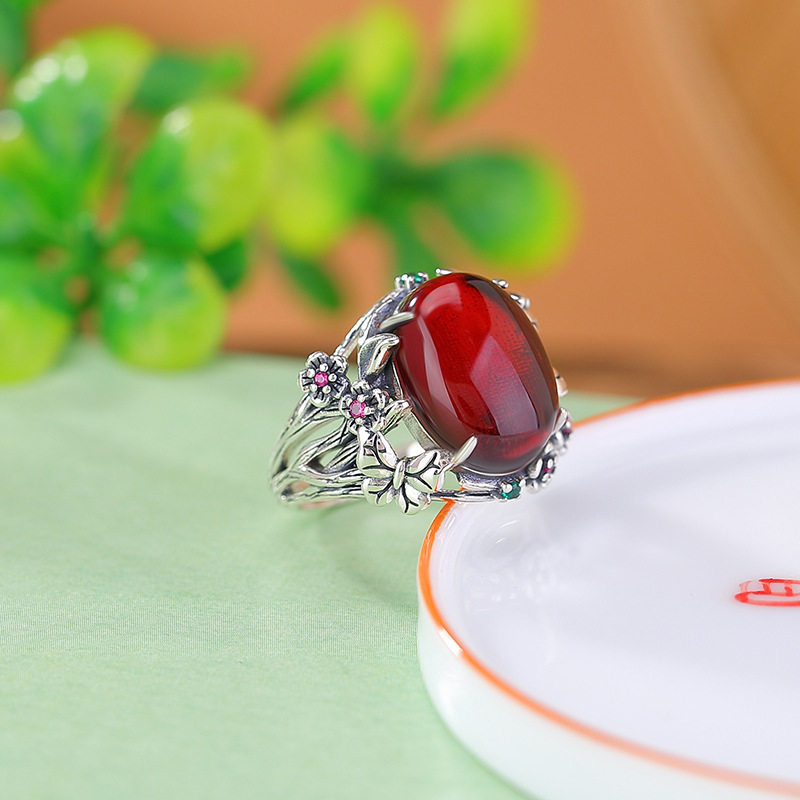 小众设计感S925纯银天然血珀复古做旧蝴蝶梅花吉祥如意玄学戒指女