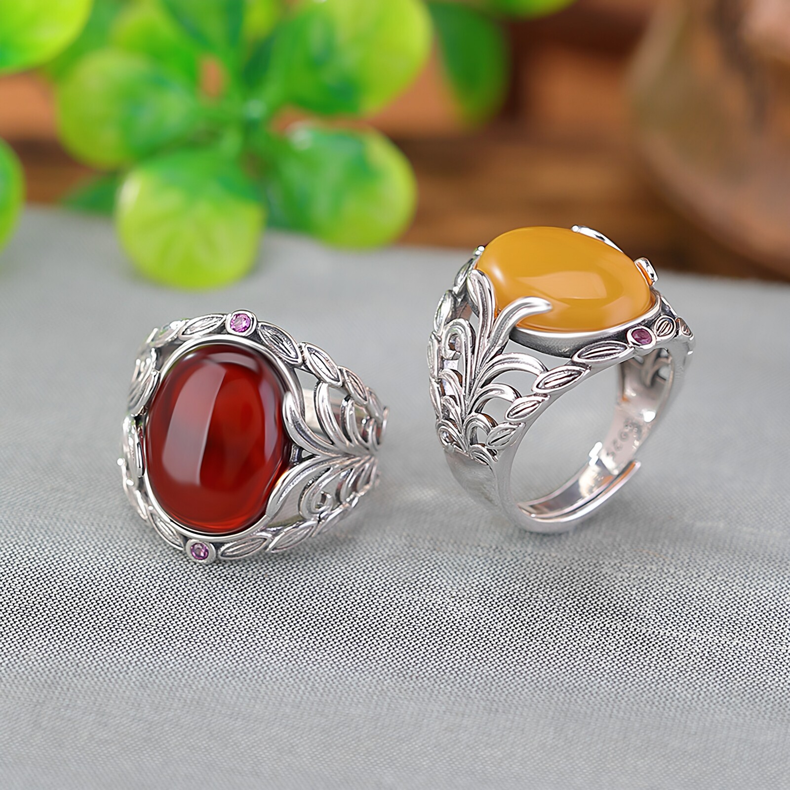 轻奢高级感s925纯银蜜蜡血珀复古做旧蛋面戒指女新中式镂空食指戒