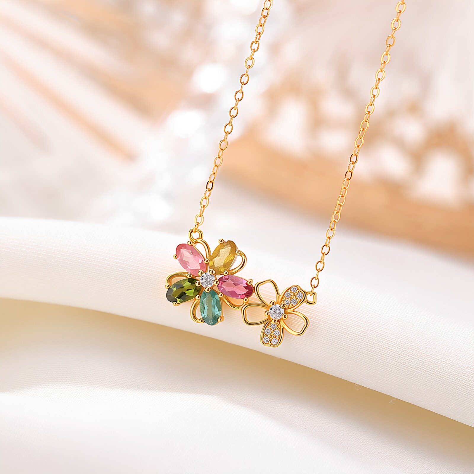 S925镀金碧玺繁花锁骨链女