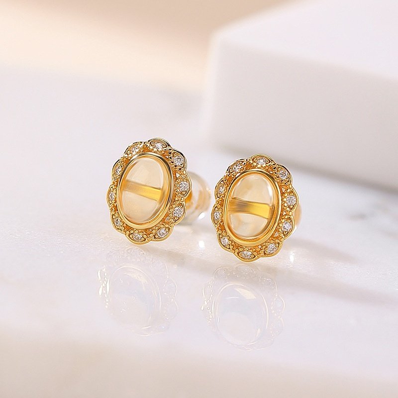 s925纯镀金黄水晶耳钉几何椭圆蛋面新中式气质百搭耳饰经典设计女