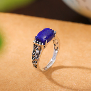 轻奢高级感S925纯银青金石复古做旧编织方形马鞍戒指国潮银指环女