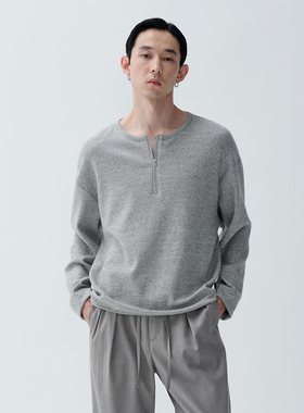 ROYA | 定织人丝羊毛混纺浅花灰半拉链亨利领长袖