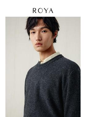 ROYA丨美利诺全羊毛黑花灰圆领毛衫百分百双色羊毛纱线微落肩通勤