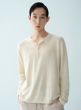 ROYA | 法国进口原纱亚麻新疆长绒棉混纺毛织亨利领长袖