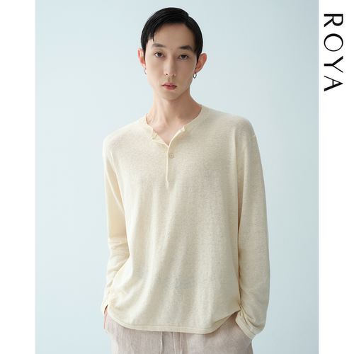 ROYA | 法国进口原纱亚麻新疆长绒棉混纺毛织亨利领长袖