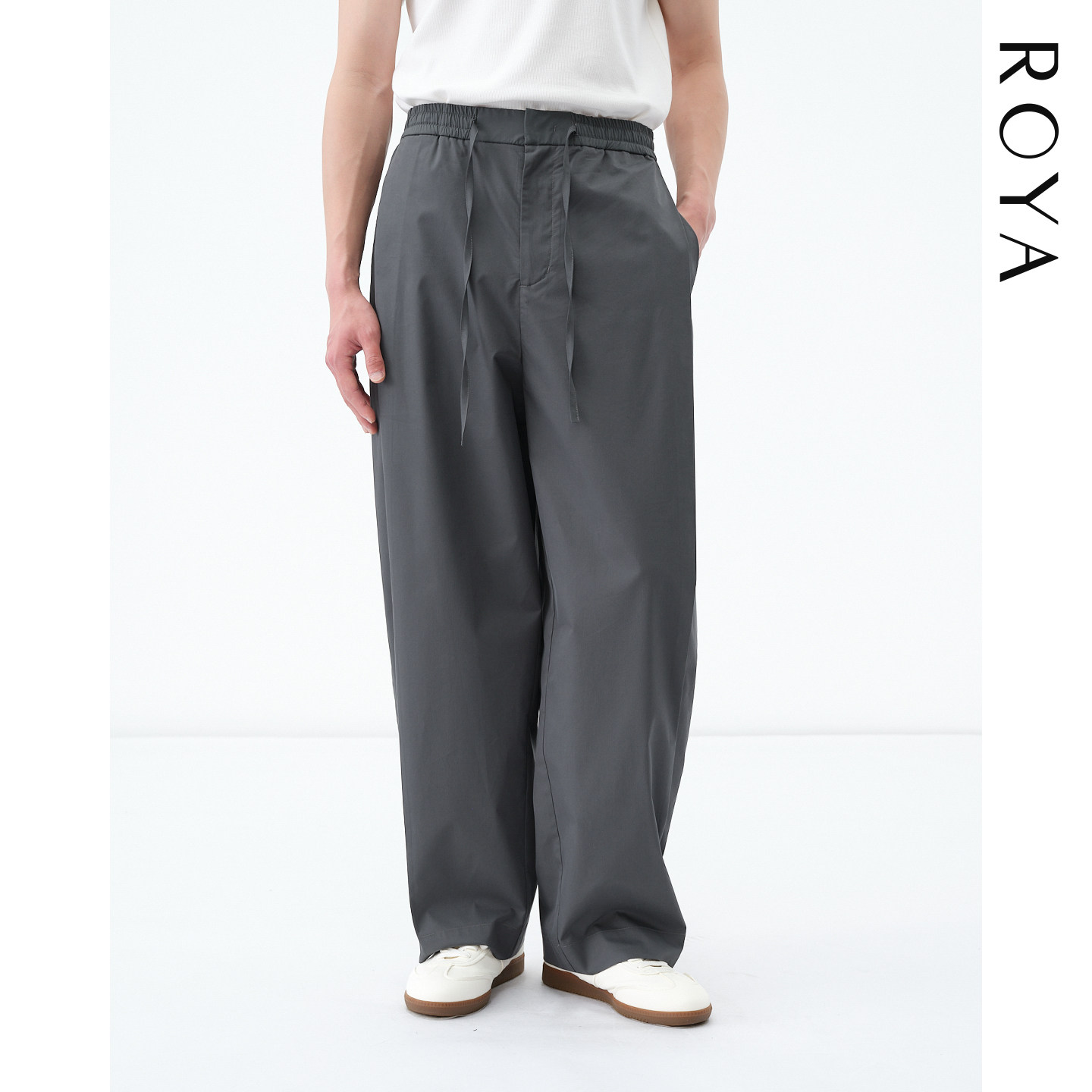 ROYA | 板岩灰埃及长绒棉混纺立体弯刀单褶阔腿抽绳长裤秋款男裤