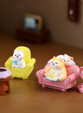 微景观卡通动物装饰树脂猫摆件创意可爱猫咪凳子台灯风扇沙发花瓶