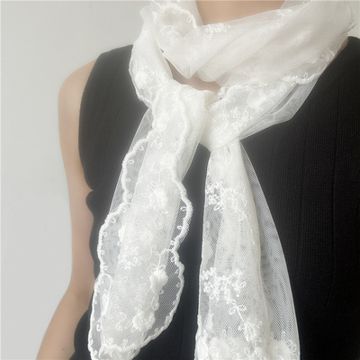法式秋季蕾丝围巾长条丝巾女春秋冬季搭配衬衫护颈围脖子薄款纱巾