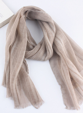 春秋清新小围巾女棉麻文艺百搭薄款纯色秋季丝巾秋冬季护颈围脖