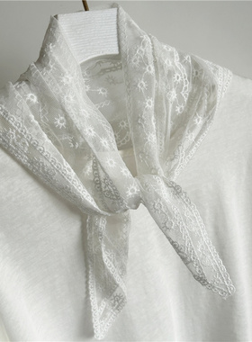 围巾女蕾丝三角巾纯色丝巾春秋百搭薄款三角巾发巾白色夏季纱巾