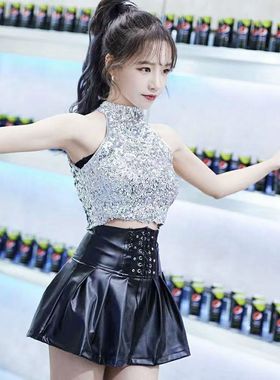 新款IZONE曹柔理同款挂脖亮片短款背心上衣潮牌日系露肚脐显瘦T恤