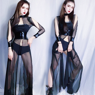 大气夜店酒吧女歌手DJ欧美透视性感网纱连体长裙团体黑色套装 新款
