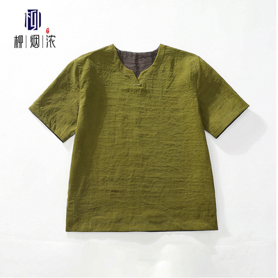 【柳烟浓】100%桑蚕丝香云纱龟裂纹男款休闲v领短袖t恤女2026夏季