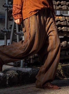 疯子张原创设计秋冬条纹麻棉休闲裤长裤松紧腰08567