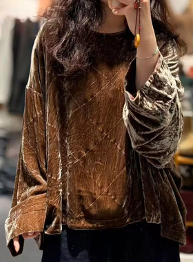 如眸原创设计真丝绒桑蚕丝套头长袖上衣菱形格上衣L1016