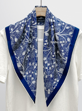 After 真丝双绉！【牛仔铃兰】绝美蓝色花卉100桑蚕丝围巾中方巾