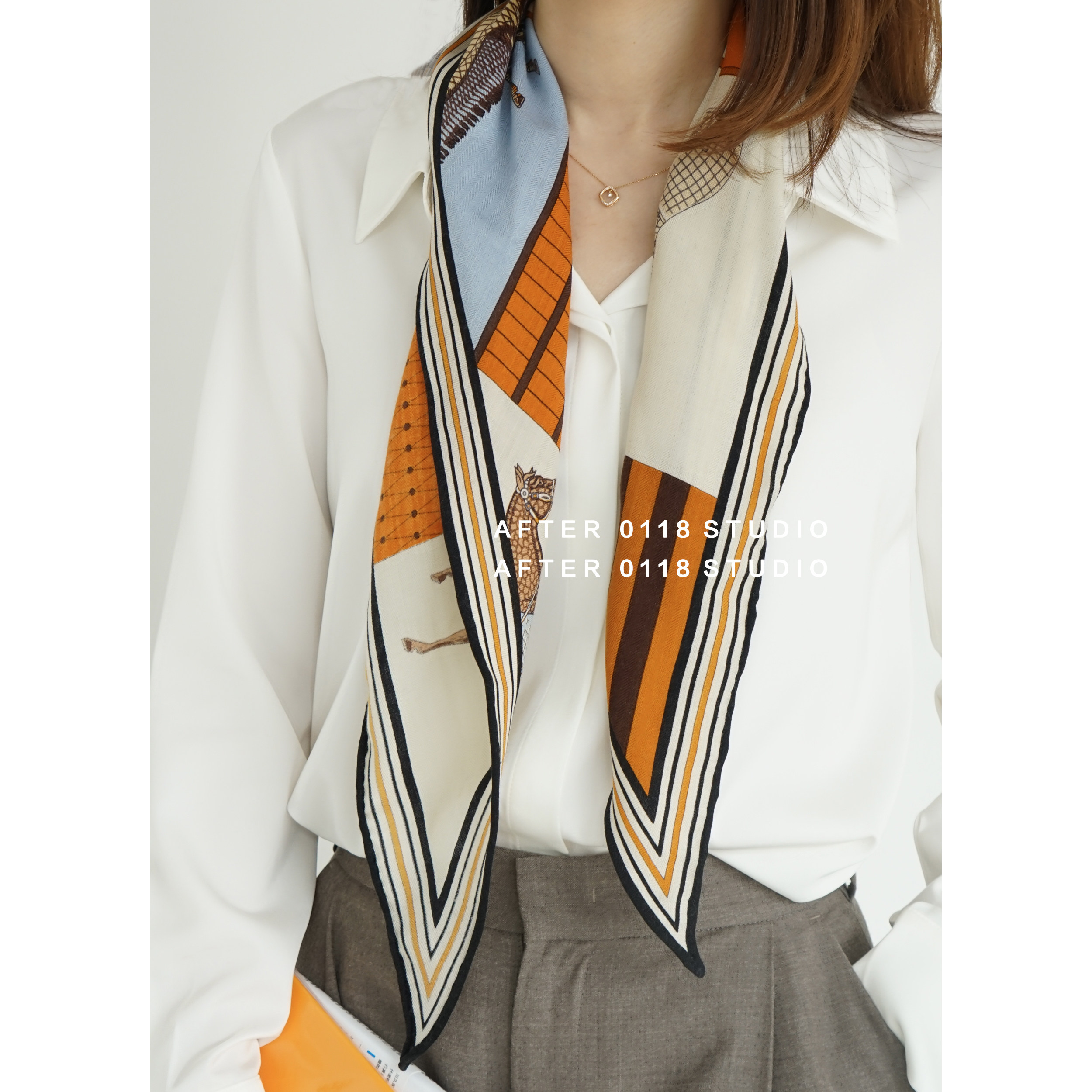 after 骏马披挂菱形巾丝羊毛围巾手工卷边百搭春秋丝巾三角小披肩