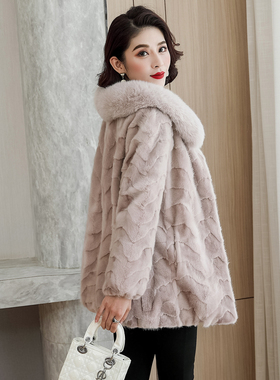 新款水貂中长款大衣女拼貂皮草外套狐狸毛领貂皮裘皮海宁