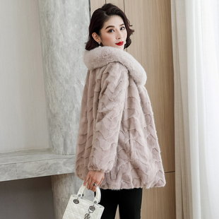 新款水貂中长款大衣女拼貂皮草外套狐狸毛领貂皮裘皮海宁