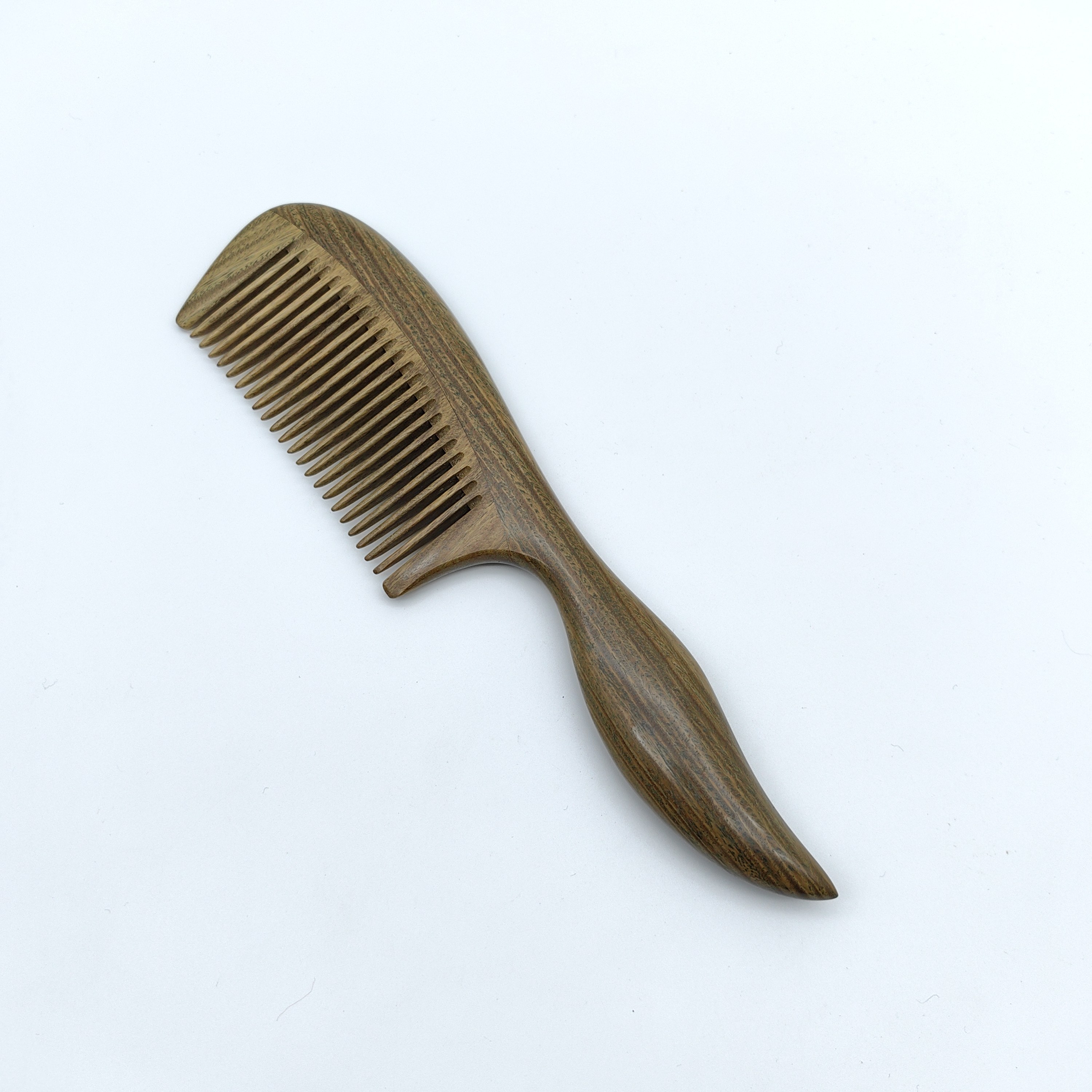 天然绿檀长柄插齿隼卯鱼尾密齿按摩梳长发卷发防静电梳子