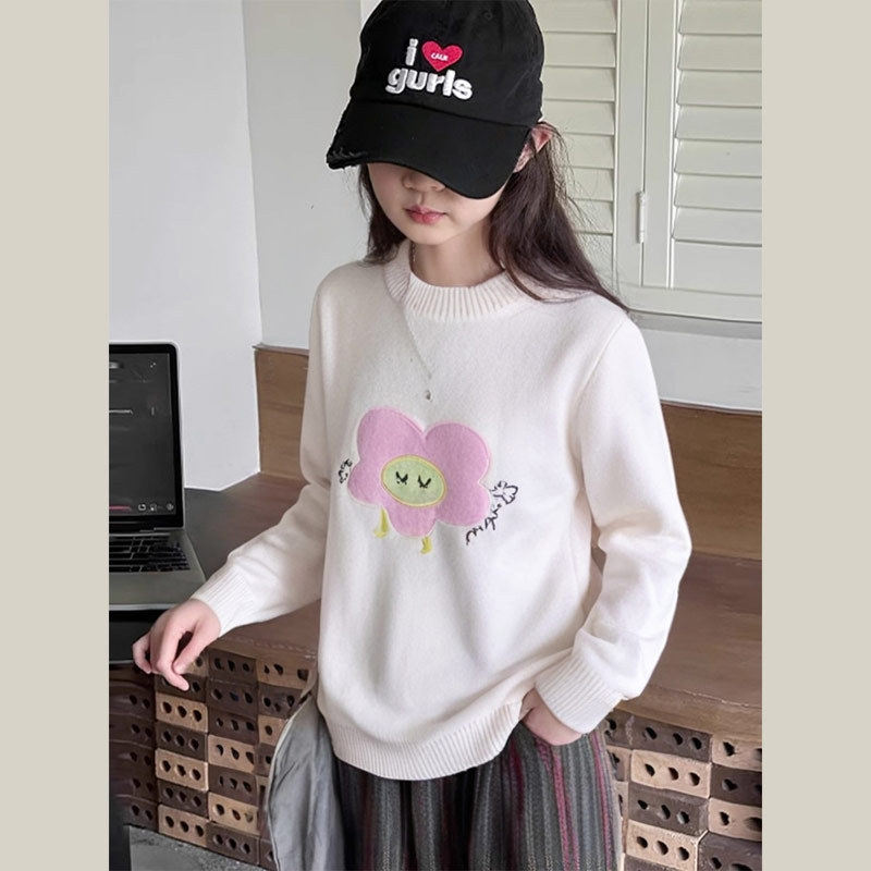 女小童秋冬毛衣2024新款儿童童装时尚图案运动圆领线衫上衣