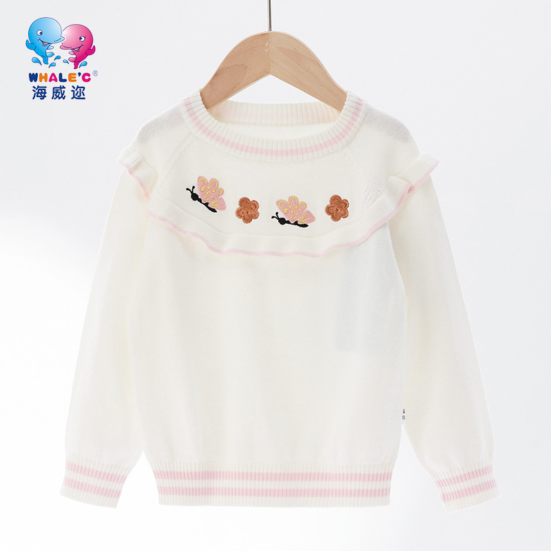 Whale′c海威迩儿童装白色秋冬季新款2023蝴蝶圆领线衫女童毛衣潮