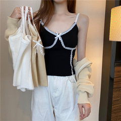 甜美蝴蝶結內搭吊帶背心春季針織上衣蕾絲花邊領修身百搭