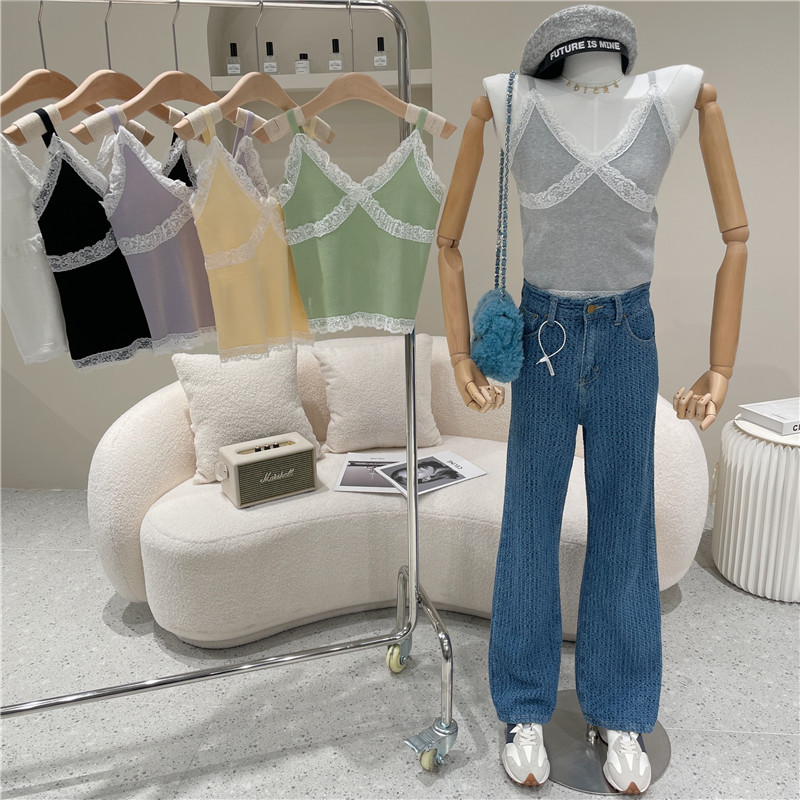 Built in bra top spring and summer new short lace edge stitching collar suspender vest for women