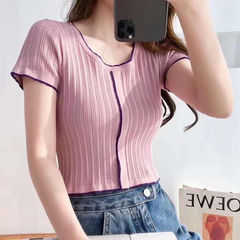 Super short sexy leaky waist ice silk T-shirt short sleeve summer new open navel fashion slim top