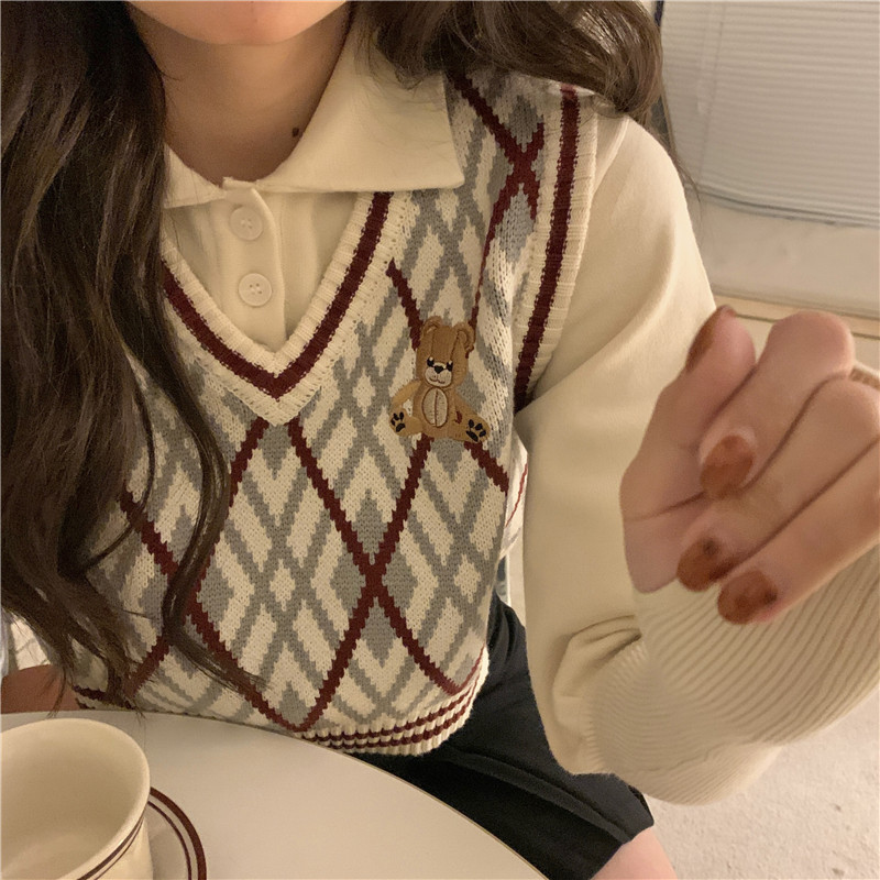 Retro neck knitted waistcoat women's sweater vest with Korean Short sleeveless vest