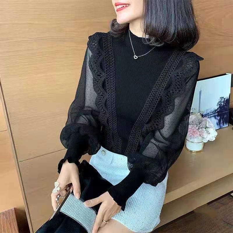 New half high collar lace ear edge Chiffon stitching T-shirt