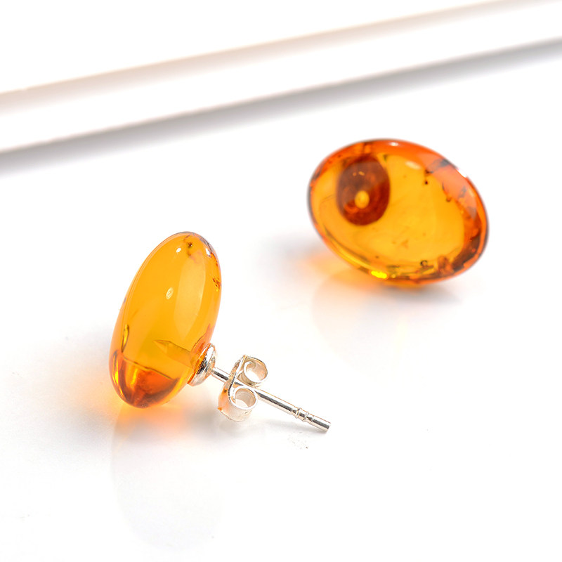 925银琥珀耳钉女蜜蜡复古气质简约大方民族风气质百搭耳环椭圆形