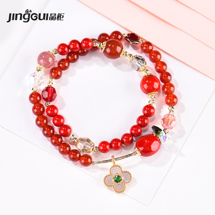 晶柜新款红玛瑙手串四叶草手链女双层红色属龙本命年手饰闺蜜礼物
