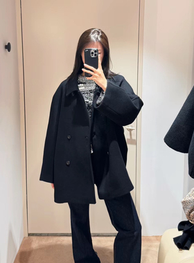 C家25冬女装走秀款宽松双排扣绵羊毛呢子大衣保暖厚实翻领短外套