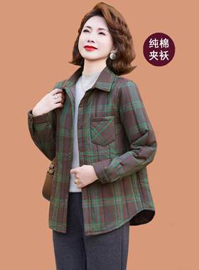 中年妈妈秋冬季格子夹棉衬衫外套宽松中老年女纯棉小棉衣薄款夹袄