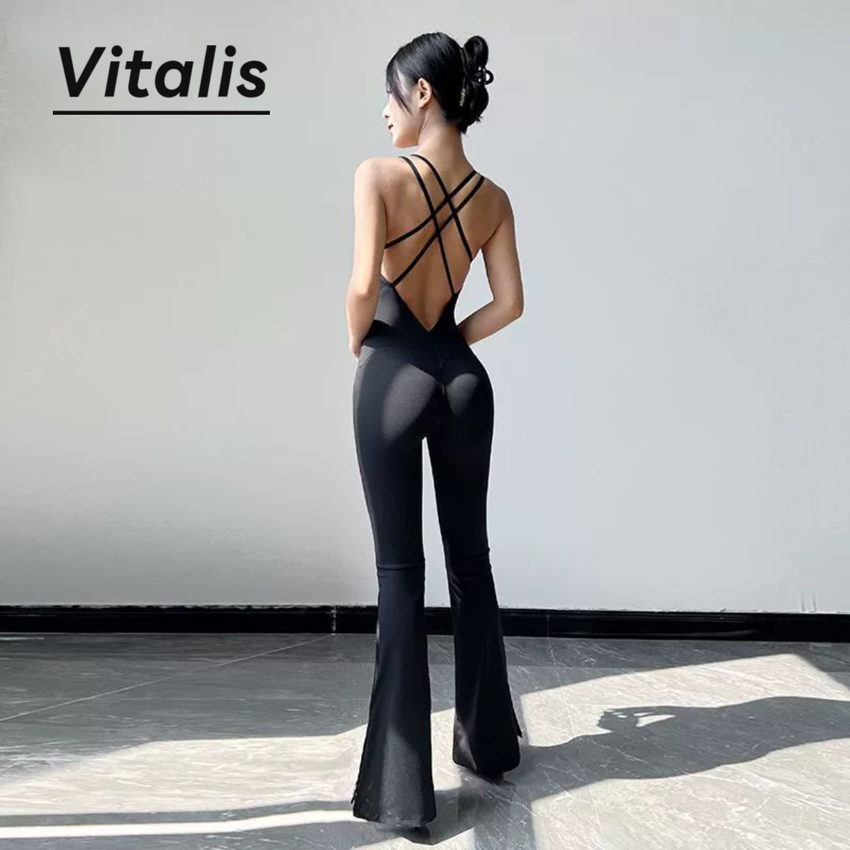 Vitalis新款练功服带胸垫美背瑜伽连体衣吊带长裤喇叭裤连体套装