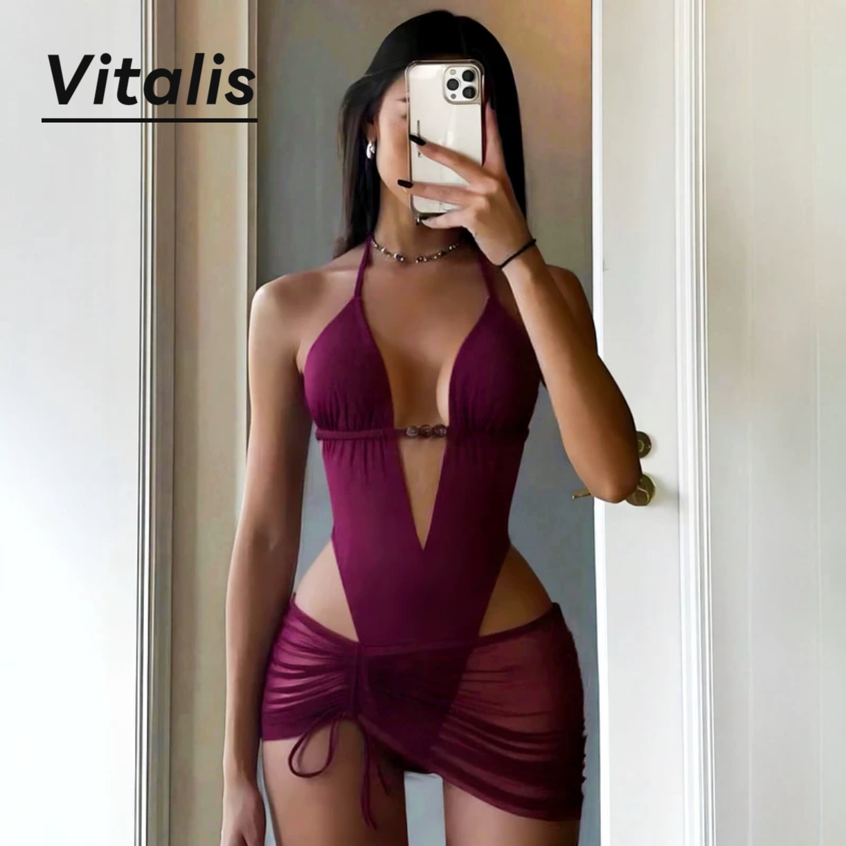 酒红性感露背珠连体显瘦泳衣女