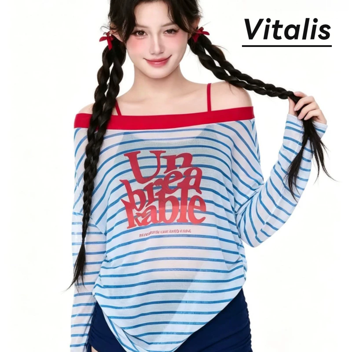 Vitalis条纹长袖三件套显瘦泳衣