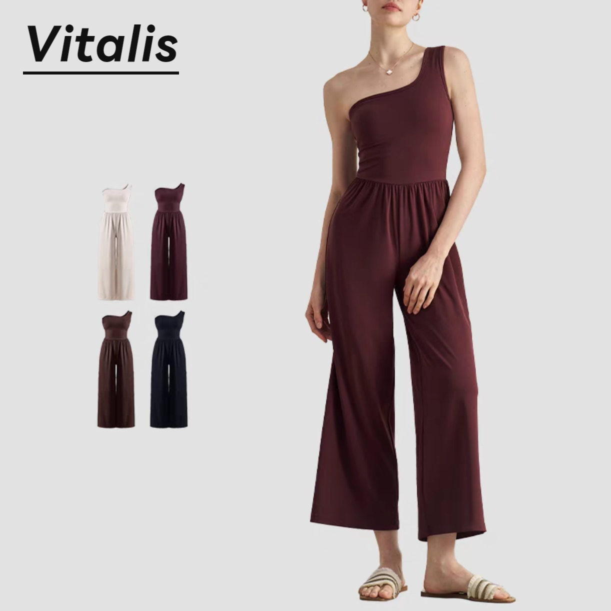 VitalisNULS单肩带瑜伽连体衣女带胸垫运动背心宽松阔腿裤普拉提