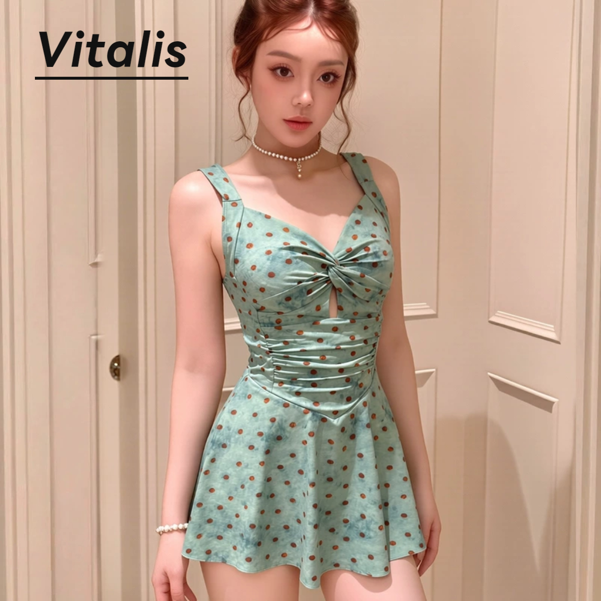 甜美绿波点扭结收腰显瘦连体泳衣