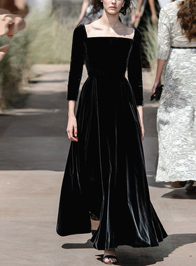 2024春季金丝绒连衣裙复古欧美大码U领长裙黑色礼服一字领气质