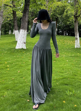 秋季新款 芭蕾风 针织灰色连衣裙 修身收腰显瘦U领气质拖地长裙女