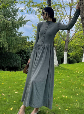 秋季新款 黑色针织长袖连衣裙 收腰修身打底长裙高级感气质长裙女