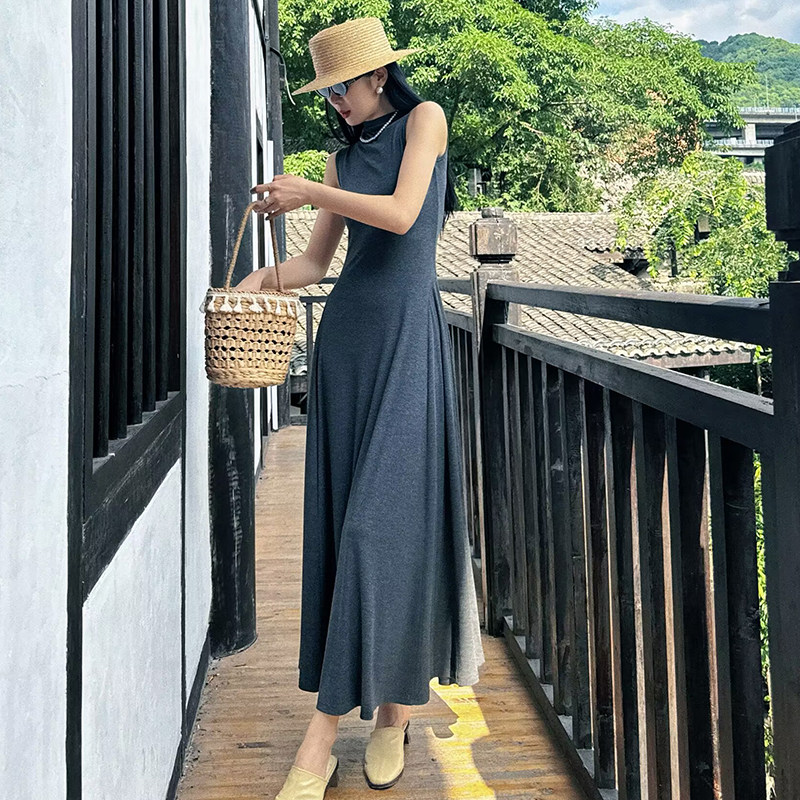 通勤风大摆针织纯色无袖高领