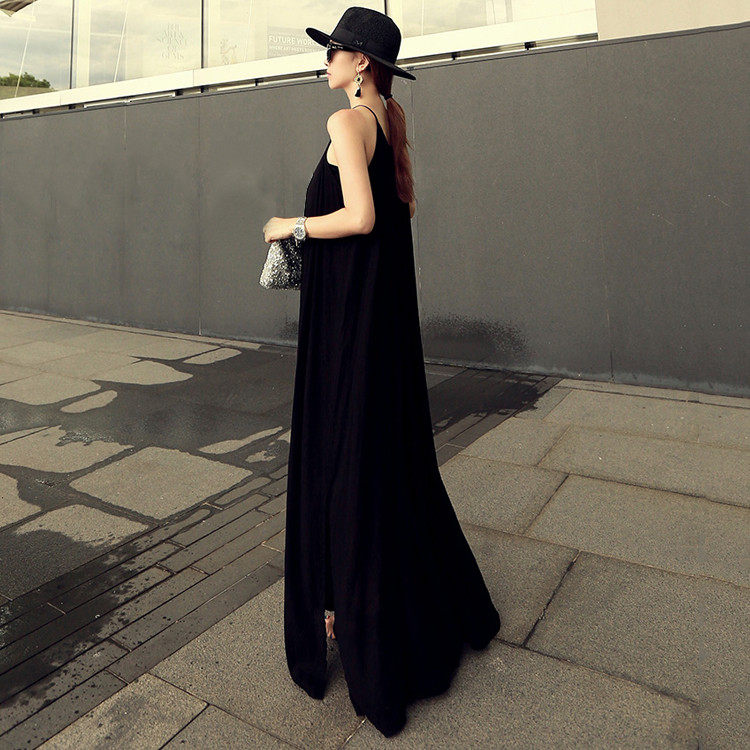 2024春夏季新款大码女装长款莫代尔连衣裙细肩带吊带裙宽松露背裙