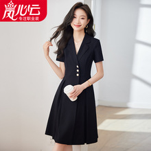 韩版通勤短袖西装连衣裙女2024女士夏季气质显瘦中长裙子西装领